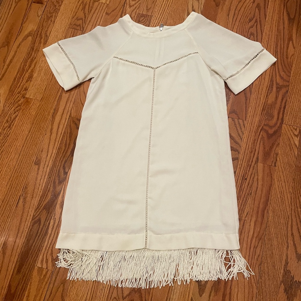 Old Zara cream shift dress. Fringe, cross stitched and lined